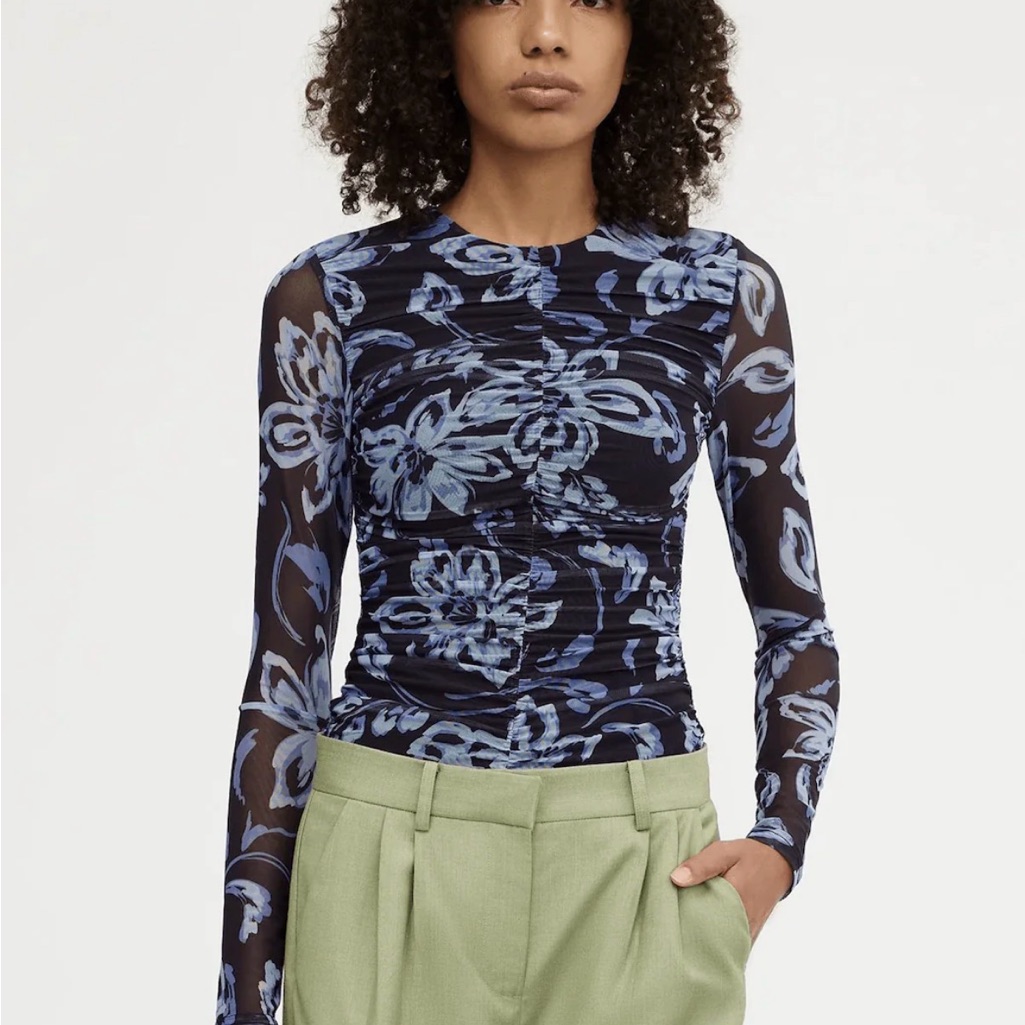 $220 Significant Another Elegant Floral Long Sleeve Mesh Top - Black And Blue